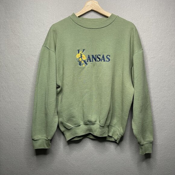 Vintage Kansas Embroidered Green Sweatshirt By Desert Heat Medium Made In USA - Picture 1 of 5